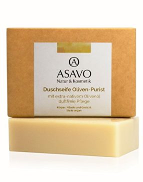 ASAVO Premium Olivenölseife, handgeschöpft mit extra-nativem Bio-Olivenöl, 100% Naturseife, Olivenseife, ohne Parfümzusatz, vegan, 95g